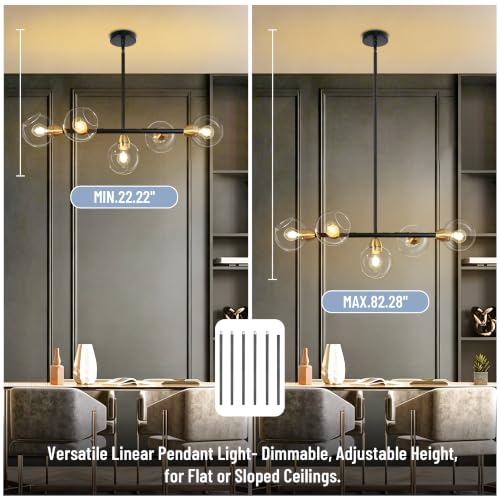 Black and Gold Linear Chandelier 5 Lights Modern Sputnik Chandeliers