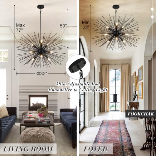32in Black Sputnik Chandelier Solid Metal Starburst Light Fixture 9 Light
