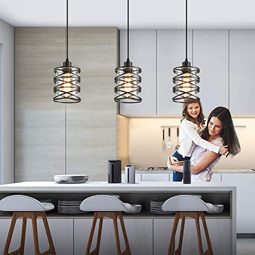 2 Pack Black Spiral Cage Pendant Lights with Clear Glass Shade (2 Count)