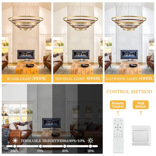 5 Ring LED Chandelier Modern Chandeliers Red Walnut Wood Gold Dimmable 31''