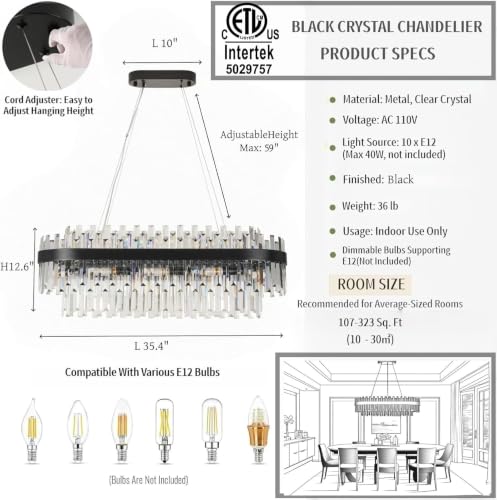 35.4" Black Rectangular Crystal Chandelier Dining Room Kitchen