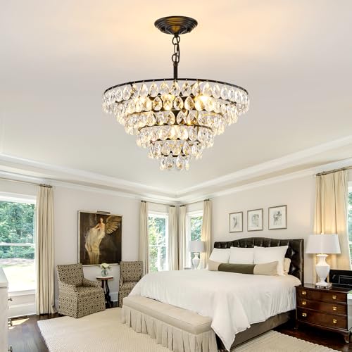 Modern Crystal Chandelier 7 Light 20" Raindrop Black Ceiling Chandelier Adjustable Hanging Light Fixture for Dining Room Foyer Entryway Staircase Living Room
