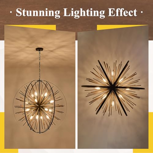 31" 16 Light Farmhouse Wood Sputnik Chandelier Black Hanging Light
