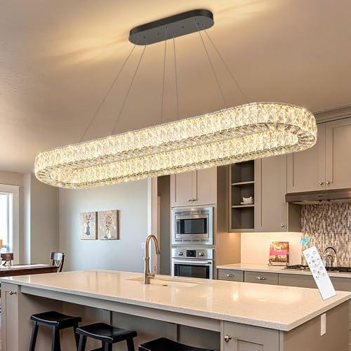 Modern Oval Crystal Chandelier for Dining Room Rectangular Ceiling Light Fixture Dimmable LED Chandeleirs for Living Room Kitchen Island Black