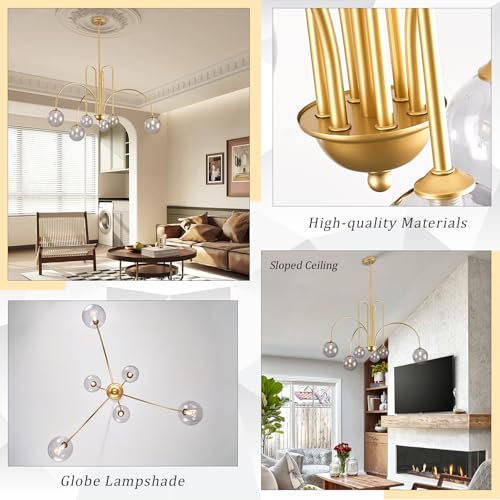 Modern 40" 6 Light Gold Sputnik Chandelier with Smoke Glass Globe