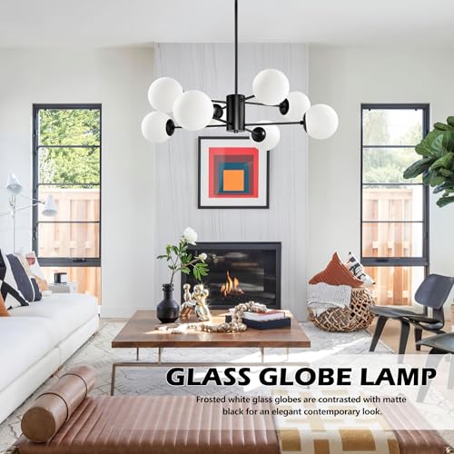 8 Light Globe Sputnik Chandelier Black Mid Century Modern Light Fixture Matte Black Finished with White Frosted Globe Glass Lampshade Sputnik Chandeliers for Dining Room Bedroom Kitchen Island (8 Count)