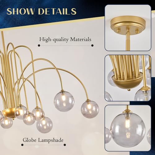 Gold Sputnik Chandelier with Smoke Glass Globe 12 Lights L52 Inch