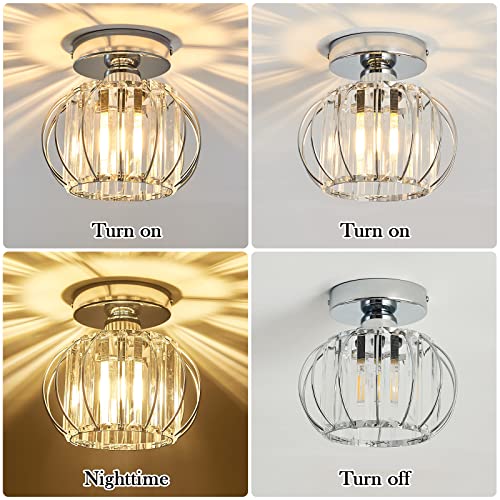 Modern Semi Flush Mount Ceiling Light Fixture E26 Mini Crystal Chandelier Chrome Small Ceiling Lamp for Entryway Bedroom Bathroom Hallway Closet Foyer （Silver