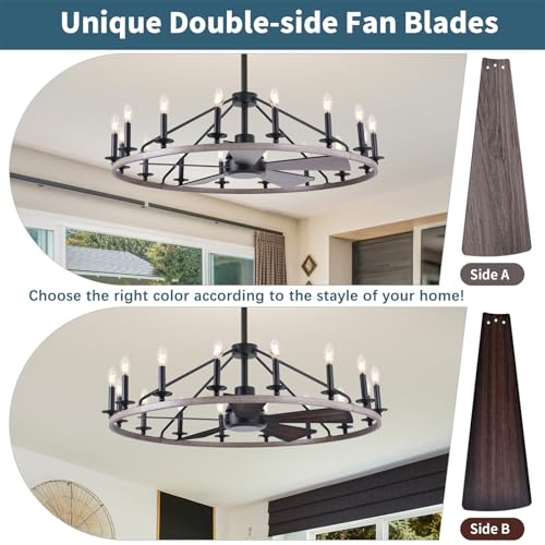 44" Wagon Wheel Chandelier with Fans
