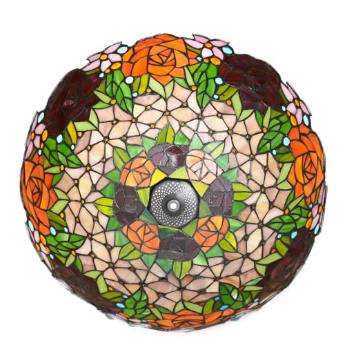 16 Inch Rose Tiffany Style Vintage Stained Glass Lamp Shade Replacement Only with Cap Fit for Bedside Reading Lamp Study Light Kitchen Dining Room Floor