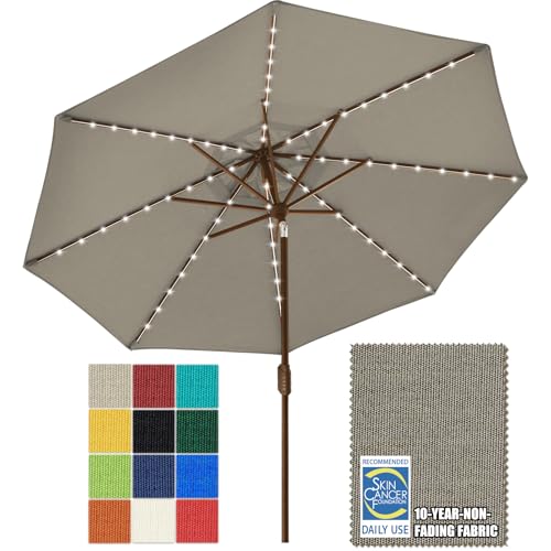 USA 10-Year-Non-Fading 9ft Market Patio Umbrella, Commercial Grade Table Sun Umbrella with 80 Solar LED Lights, Crank Open, Windproof & UPF 50+ UV Protection for Garden, Deck, Pool, Backyard, Taupe