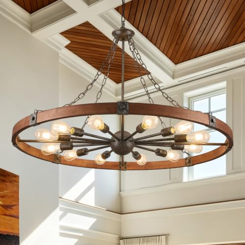 Farmhouse Wagon Wheel Chandelier 43" Walnut Rustic Chandeliers 12