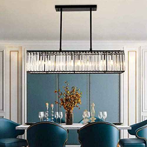 Modern Rectangular Crystal Chandelier, 5 Lights Black Rectangle Raindrop Chandelier Lighting, Industrial Linear Pendant Ceiling Light Fixture for Dining Living Room Kitchen Island L33.5''