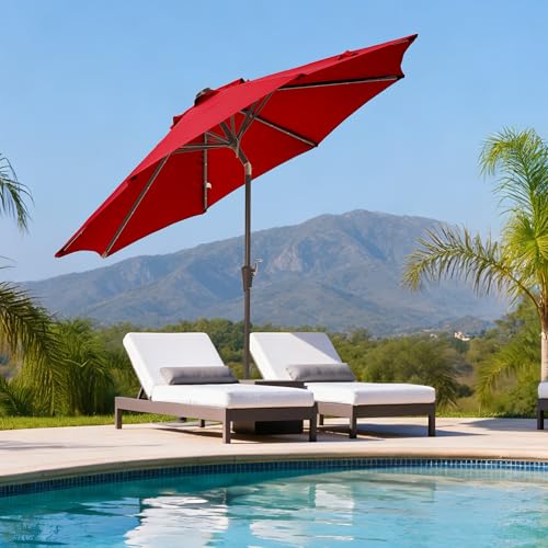 9 ft Patio Umbrella with lights Outdoor Table Umbrella for pool red