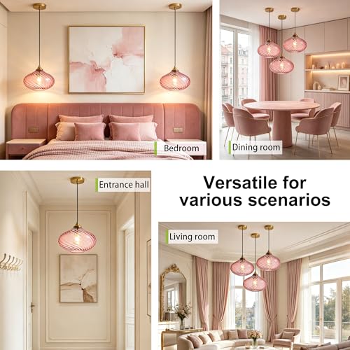 11in Gold Pendant Lights Kitchen Island with Purple Pink Glass Shade 1Pack
