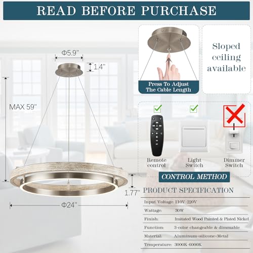 LED Ring Chandelier Weathered Wood Brushed Nickel Chandeliers Dimmable