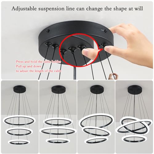 Modern 3 Ring LED 52W Black Pendant Light with Irregular Ring Lights Adjustable Hanging Lamp for Dining Room Bedroom Kitchen Island Cafe