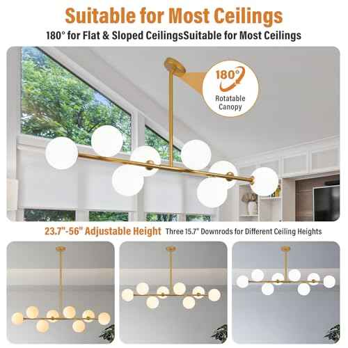 8-Light Gold Sputnik Chandeliers, Mid Century Modern Chandelier for Dining Room Light Fixture Over Table, Height Adjustable, Bubble Glass Globe Ceiling Linear Chandelier for Kitchen Island Foyer