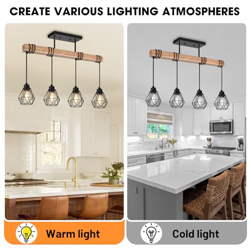 4 Lights Farmhouse Wood Kitchen Island Lighting
