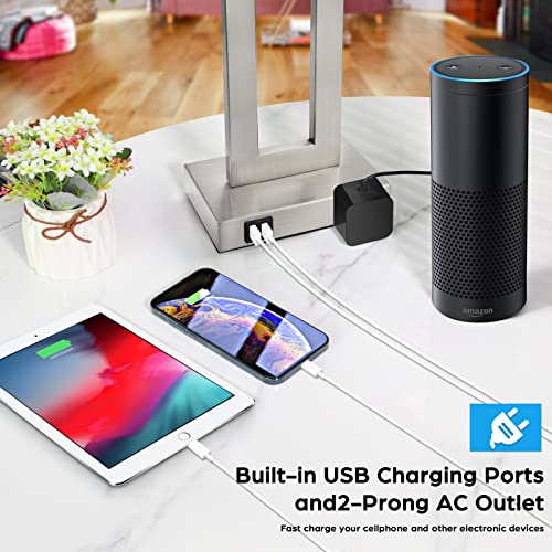 22" Silver Modern Table Lamp Set of 2 with 2 USB Ports&AC Outlet (2 Count)