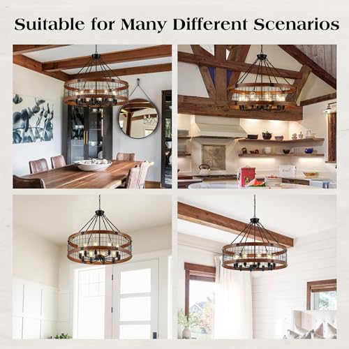 10 Light Farmhouse Drum Wood Pendant Light