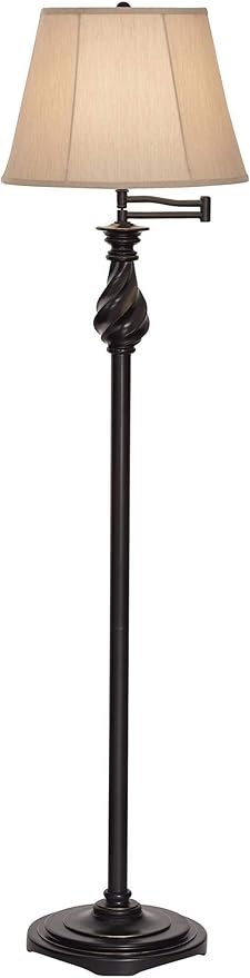 Regency Hill Traditional Adjustable Swing Arm Floor Lamp 58" Tall Painted Restoration Black Bronze Swirl Font Faux Silk Beige Drum Shade for Living Room Reading House Bedroom Family Home