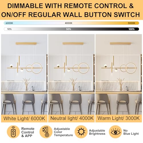 LED Gold Chandelier for Dining Room 39in Dimmable Modern Chandelier