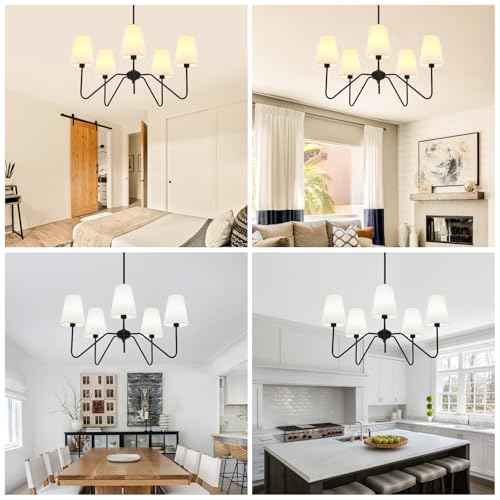 5-Light Modern Chandeliers, 30" Black Farmhouse Light Fixture | Linen Beige Fabric Shade, Adjustable Hanging Lights for Living Room, Bedroom, Hallway, Entryway, Kitchen Island, E12