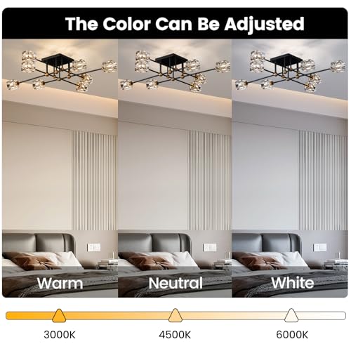 8 Light Crystal Ceiling Light Fixture Black and Gold Semi Flush Mount Ceiling Light Modern Chandeliers for Dining Room Kitchen Island Living Room Bedroom