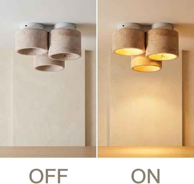 Flush Mount Ceiling Light, Travertine Stone Lamp with Beige Shade, Minimalist Surface Mount Fixture for Hallway, Balcony, Bedroom, Entryway, Corridor, Apartment, Home Decor Residential(Large)