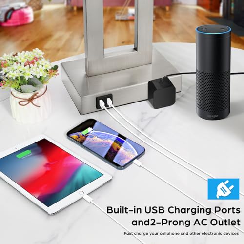 28" Silver Modern Table Lamp Set of 2 with 2 USB Ports&AC Outlet (2 Count)
