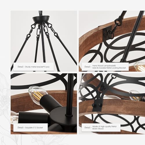 19.7" 6 Light Brown Wood Drum Pendant Light for Dining Room