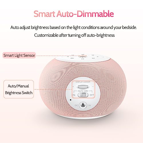 Auto Dimmable Sound Machine Alarm Clock with Night Light for Girls