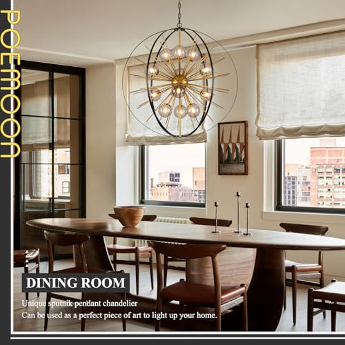 31" 12 Light Black Gold Sputnik Chandeliers with Smoke Glass Shade