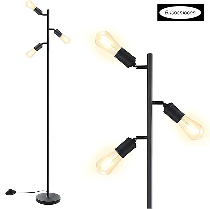 Industrial Standing Lamp with 3 Adjustable Rotating Lights - Tree Floor Lamp for Living Room, Bedroom, Home, Office (E26 Edison Bulb, Black)