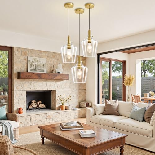 Glass Pendant Lighting for Kitchen Island Entryway 3 Pack Gold Clear 8 Inch (3 Count)