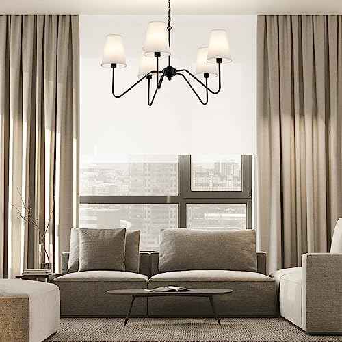 5-Arm Chandelier, 30" Modern Pendant Light with White Shade | Height Adjustable, E12 Bulb Base, Ideal for Kitchen Island Dining Room Over Table Living Room