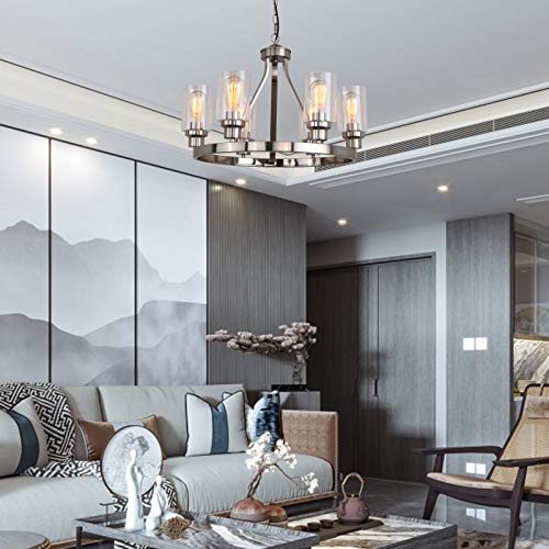 Dining Room Lighting Fixtures Hanging Brushed Nickel Kitchen Modern Chandelier Over Tables 6 Light with Glass Pendant Light for Dining Room Living Bedroom