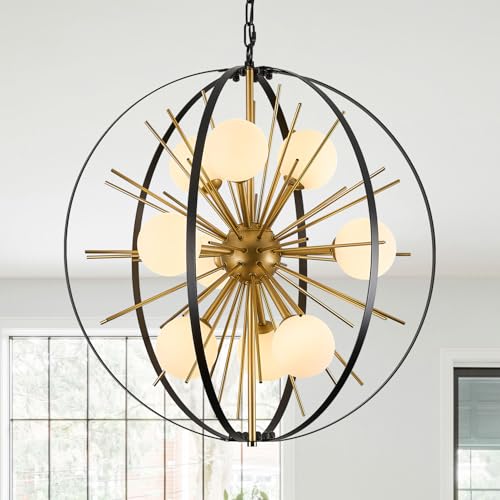 24" 9 Light Black Gold Sputnik Chandelier with Milk Glass Shade