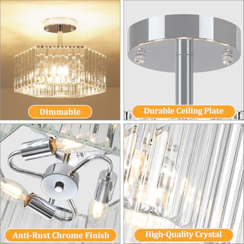 Chrome Crystal Semi Flush Ceiling Light Modern Entryway Light Fixture