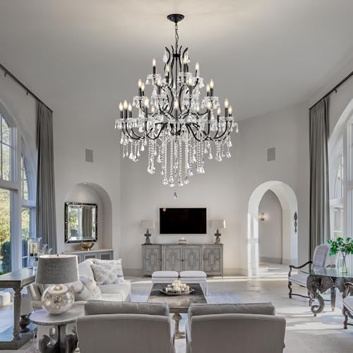 French Country Antique Black Iron Crystal Chandelier