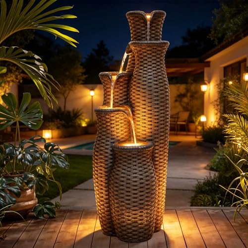 AUTODAYA 5 Tier Faux Rattan Vase Water Fountain Outdoor with LED Lights