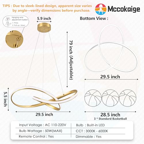 30" Gold Modern LED Chandelier Large Irregular Ring Pendant Lighting Adjustable Hanging Light Fixture Modern Dimmable Remote Control Pendant Lights for Living Room Dining Room Entryway