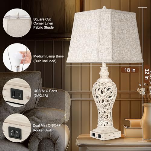 32" Table Lamp Set of 2 with Nightlight and 2 USB Ports