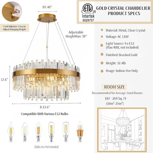 23.6" Brushed Gold Round Crystal Chandelier Dining Room Living Room