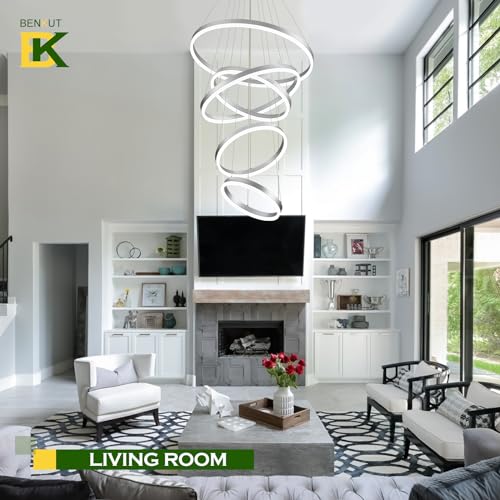 5 Rings Modern LED Chandelier Silver High Ceiling Chandelier with Remote Control Dimmable Pendant Lighting for Dining Room Foyer Living Room Entryway Staircase