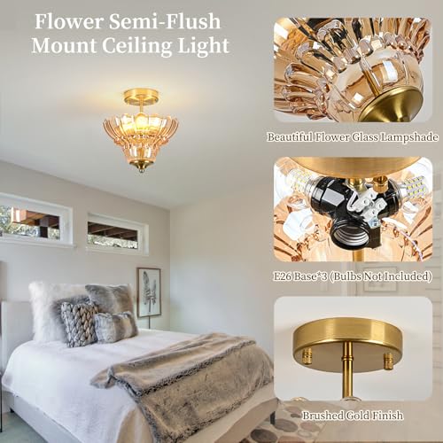 Vintage Gold Semi Flush Mount Light with Floral Amber Shade (Gold and Amber)