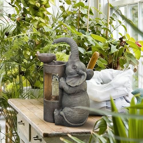 Elephant Waterfall Fountain for Indoor Desktop & Outdoor Use Small Garden Water Feature with LED Light Quiet Mini Cute Table Water Fountains for Patio