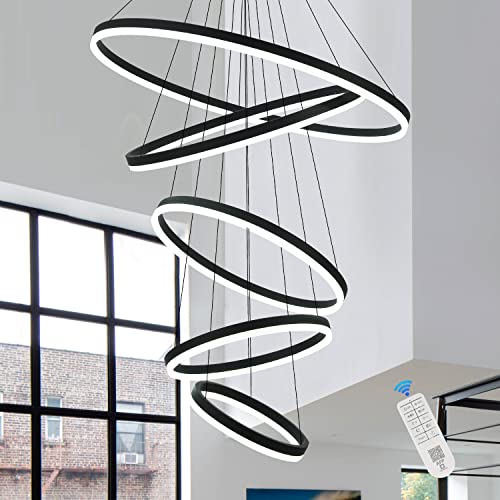 5 Rings Modern LED Chandelier Black Dimmable High Ceiling Chandelier for Dining Room with Remote Control for Foyer Living Room Entryway Staircase