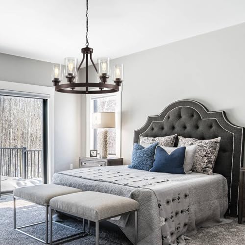 6 Light Farmhose Chandelier for Dining Room Light Fixture Oil Rubbed Bronze Kitchen Pendant Light Round Rustic Ceiling Hanging Lighting with Glass Globes Adjustable Height Metal E26